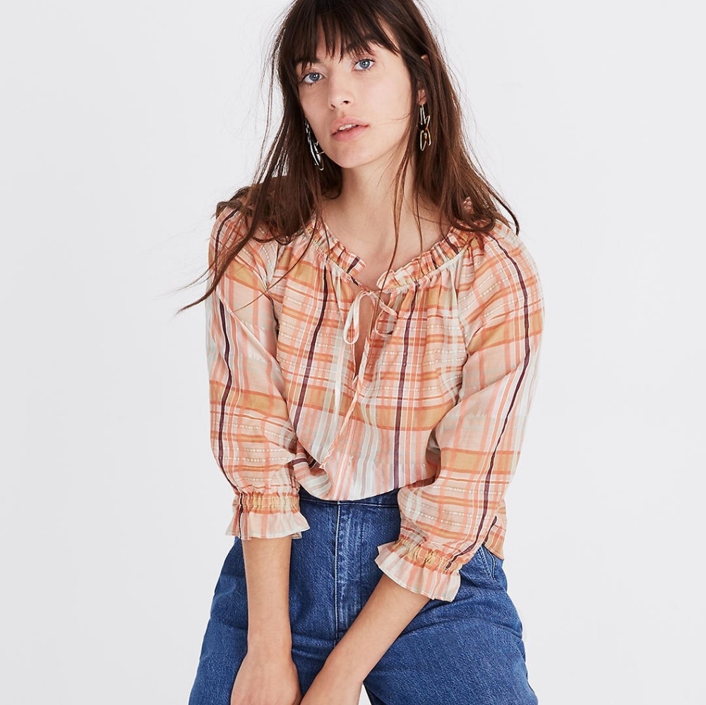 Madewell Plaid Tie-neck ruffle sleeve top